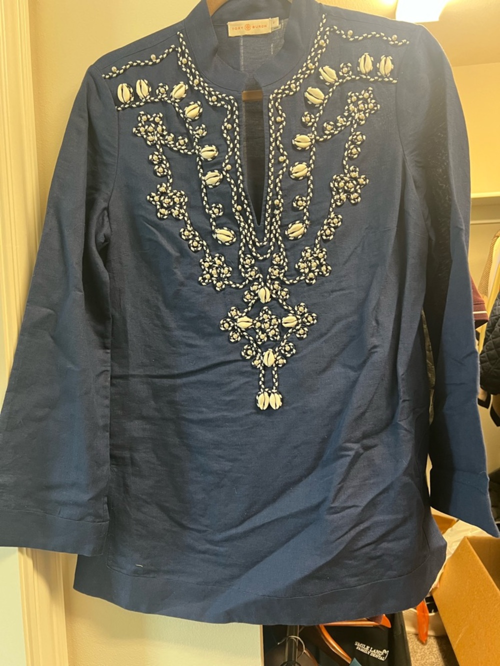 Tory Burch Navy Tunic with White Bead Embellishment